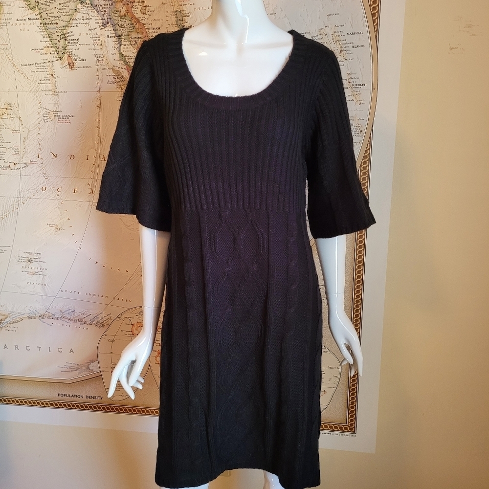 Pink Rose cable knit black sweater dress 3/4 length flare sleeves boho NWT 2X